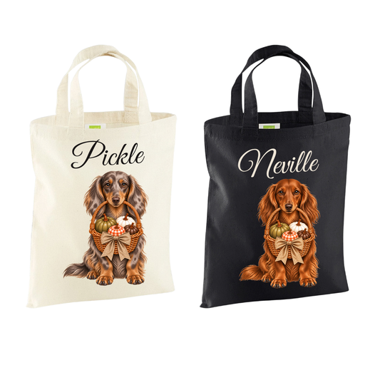 🎃 Personalised Long Haired Dachshund Pumpkin Basket Halloween Mini Tote – Optional Treats & Bandana 🐾