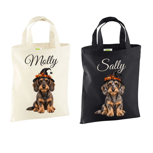 🎃 Personalised Wire Haired Dachshund Witches Hat Halloween Mini Tote – Optional Treats & Bandana 🐾