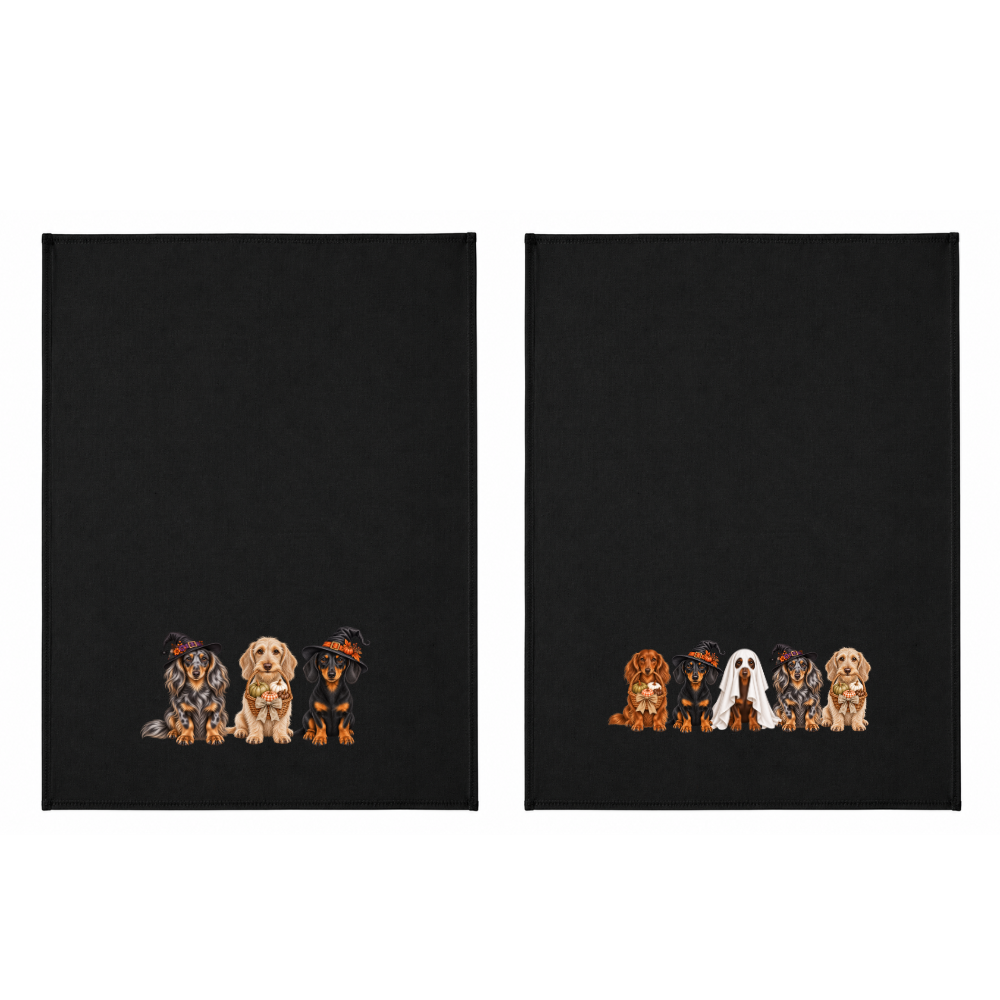 🎃 Dachshund Halloween Crew Black Tea Towel – 3 or 5 Dog Design 🐾