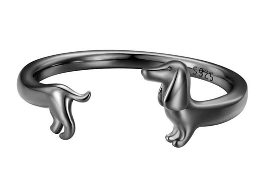 Black Colour Dachshund Adjustable Ring - 925 silver