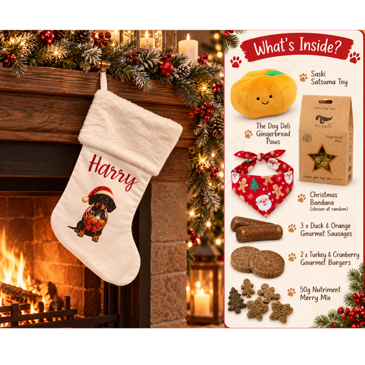 2026 Pre Filled Personalised Sausage Dog Christmas Stocking - Choice of Coats & Colours