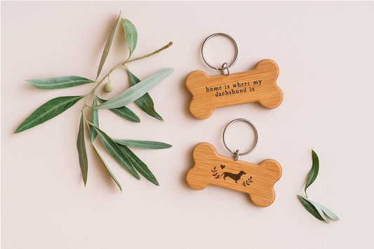 'Home Is Where My Dachshund Is' Oak Dog Bone Keyring 🐾🗝️