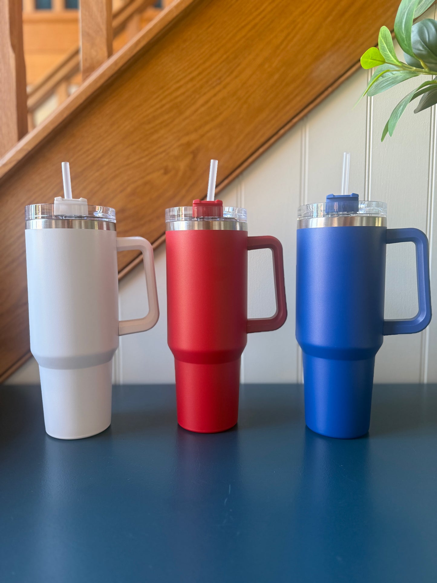 Blue 40oz Stainless Steel Insulated Cup with Handle & Straw - Choice of Logos