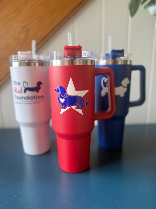 Red 40oz Stainless Steel Insulated Cup with Handle & Straw - Choice of Logos