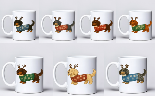 Long Haired Dachshund Christmas Mugs - Choice of Colours (Dispatch after 26th Nov)