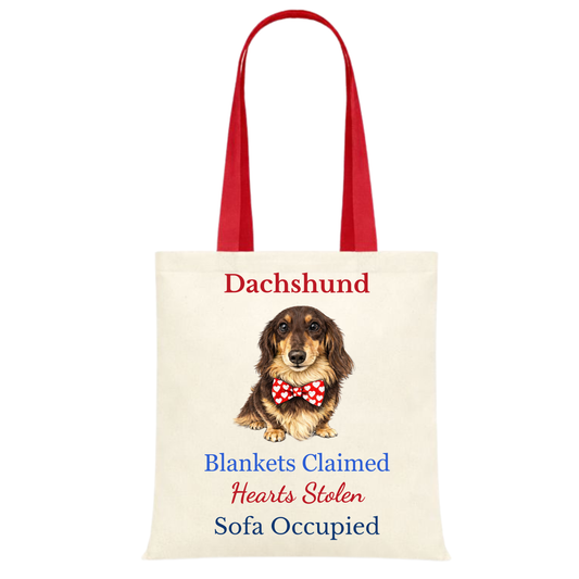 Blankets Claimed, Hearts Stolen, Sofa Occupied Red Handle Personalised Dachshund Tote Bag - 22 options to choose from