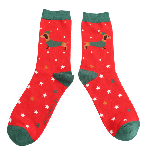 Mens Bamboo Festive Sausage Dogs Socks Red