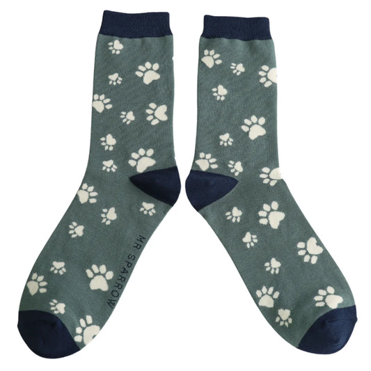 Mens Bamboo Paw Prints Socks - Green