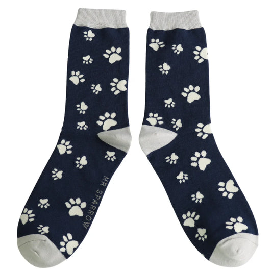 Mens Bamboo Paw Prints Socks - Navy