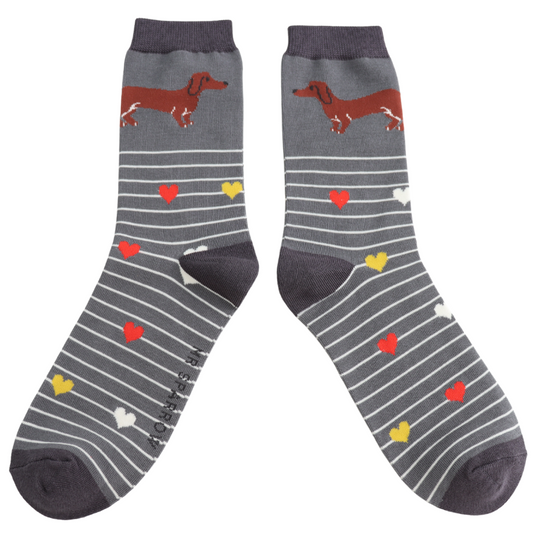 Mens Bamboo Sausage Dog & Stripes Socks Grey
