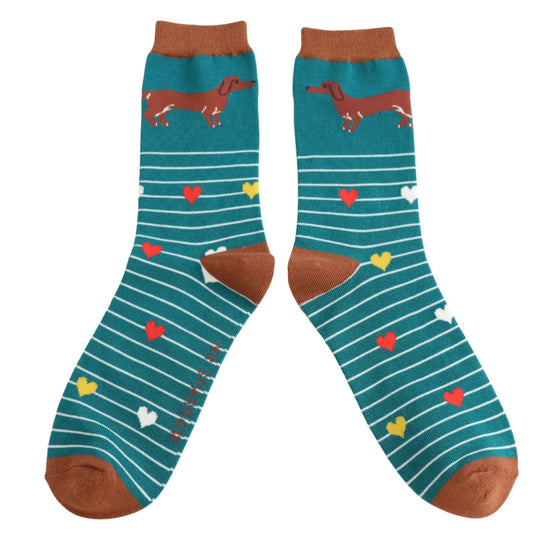 Mens Bamboo Sausage Dog & Stripes Socks Teal