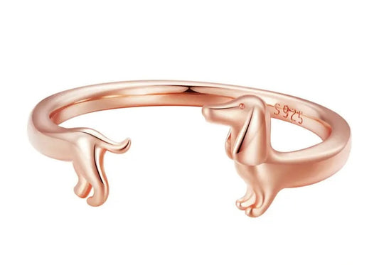 Rose Gold Colour Dachshund Adjustable Ring - 925 silver