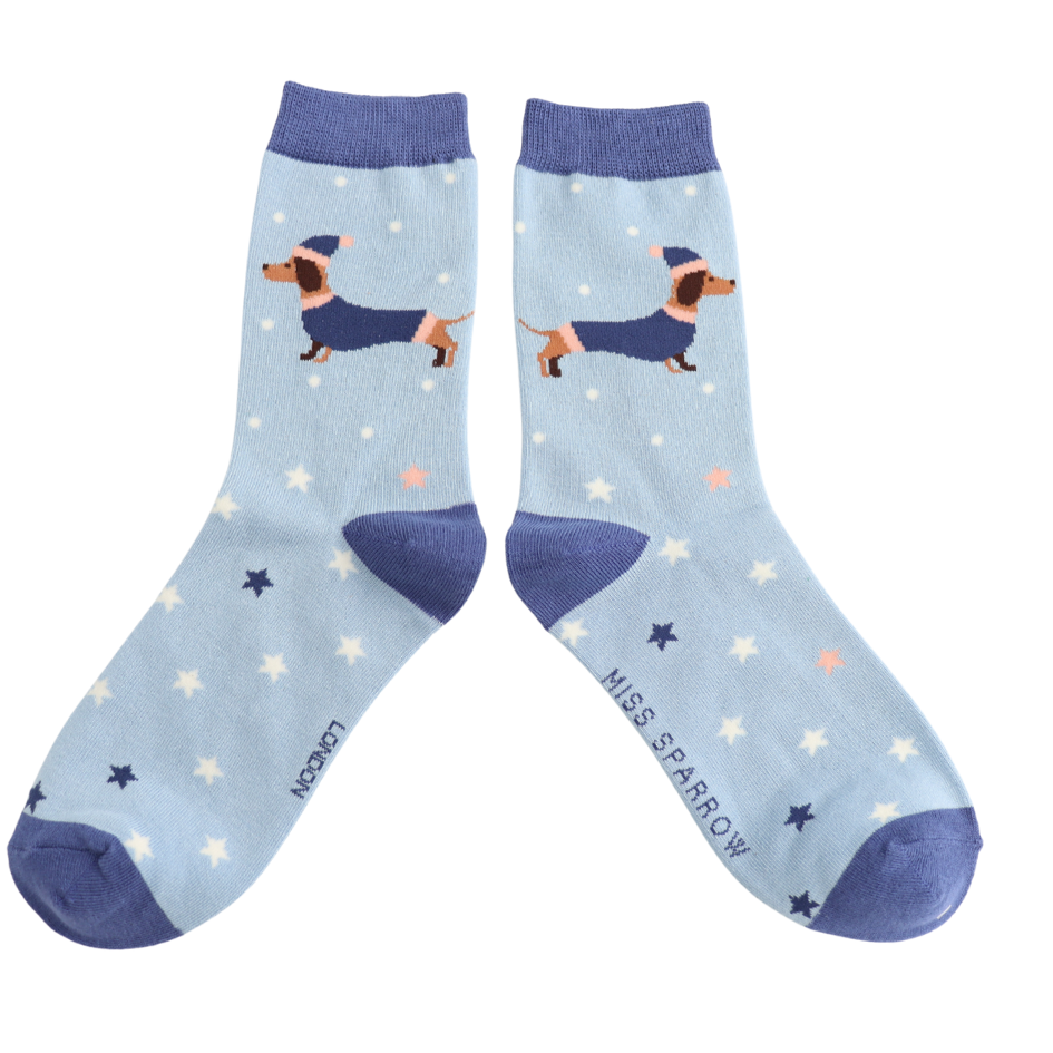 Ladies Bamboo Festive Sausage Dogs Socks Powder Blue