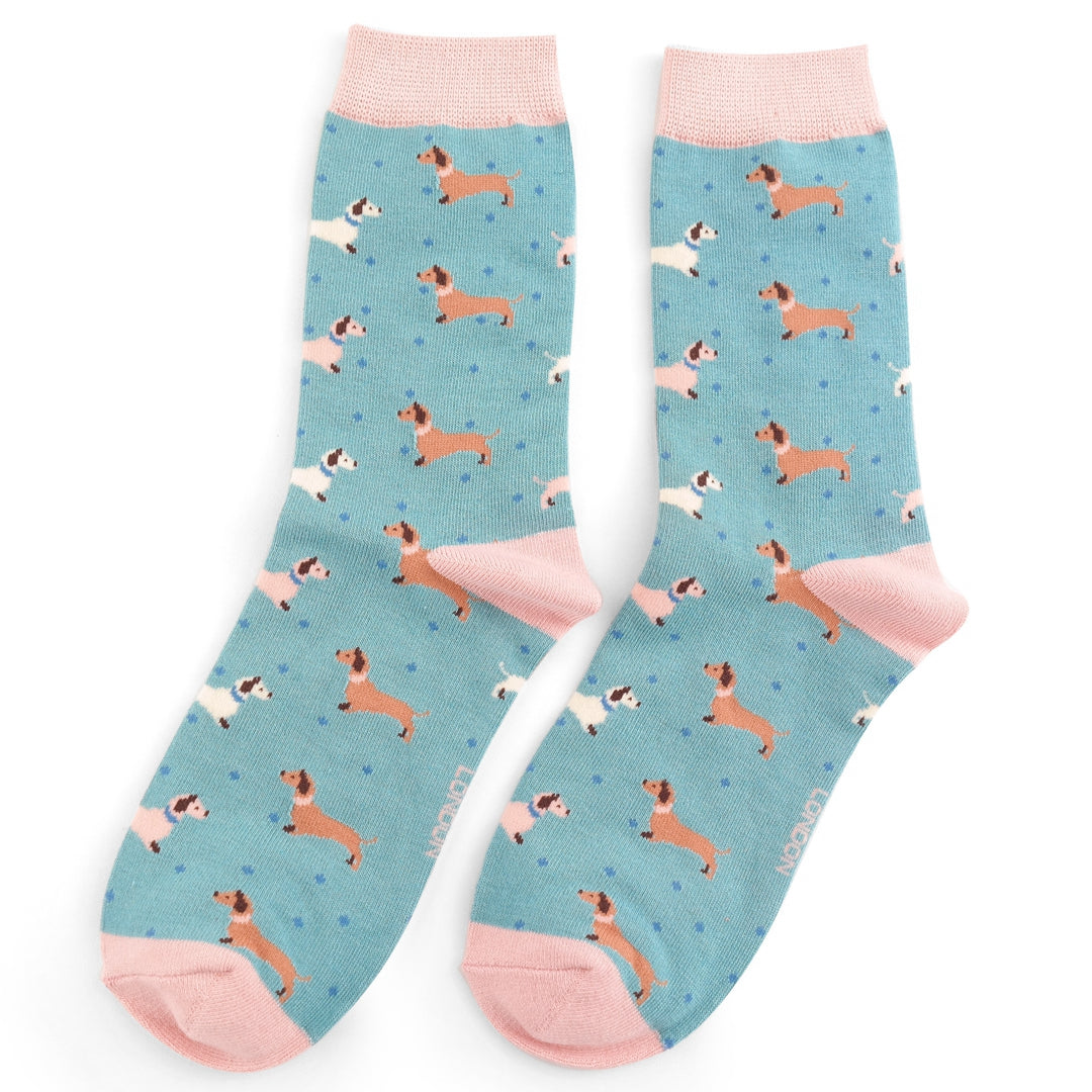 Ladies Bamboo Sausage Dog & Spots Socks Duck Egg Blue