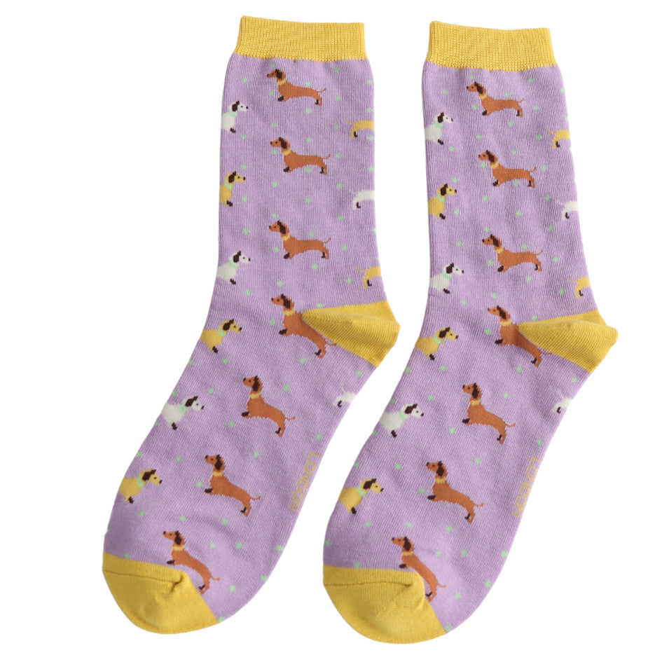 Ladies Bamboo Sausage Dog & Spots Socks Lilac