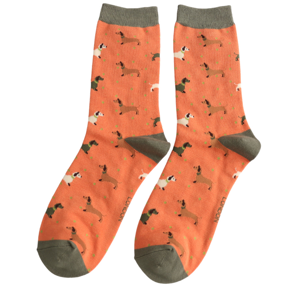 Ladies Bamboo Sausage Dog & Spots Socks Orange