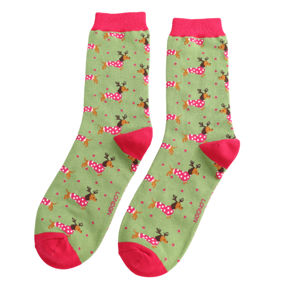 Ladies Bamboo Xmas Sausage Dogs Green