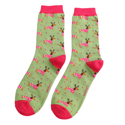 Ladies Bamboo Xmas Sausage Dogs Green