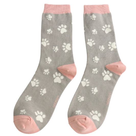 Ladies Bamboo Paw Prints Socks Grey