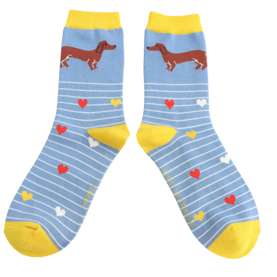 Ladies Bamboo Sausage Dog & Stripes Socks Denim