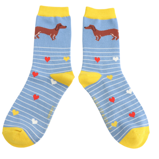Ladies Bamboo Sausage Dog & Stripes Socks Denim