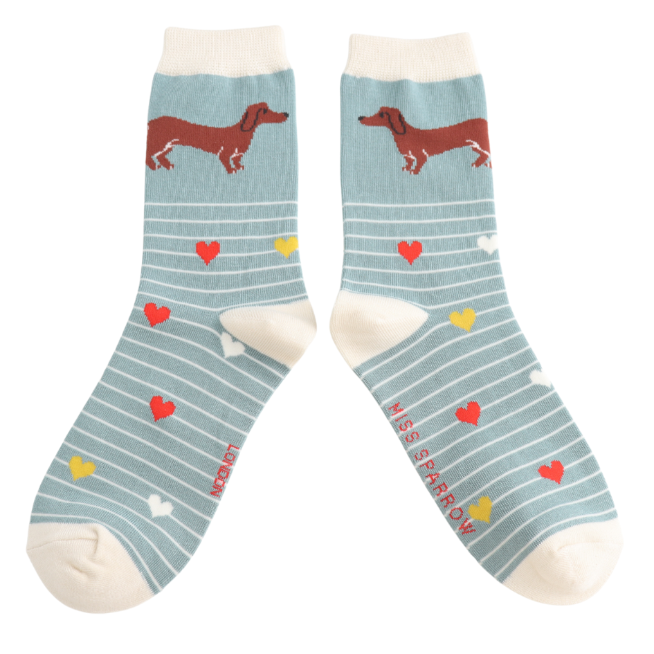 Ladies Bamboo Sausage Dog & Stripes Socks Duck Egg