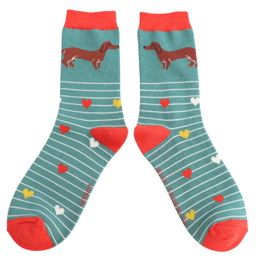 Ladies Bamboo Sausage Dog & Stripes Socks Green