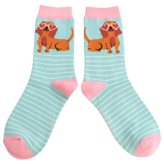 Ladies Bamboo Sausage Dog in Shades Socks Duck Egg