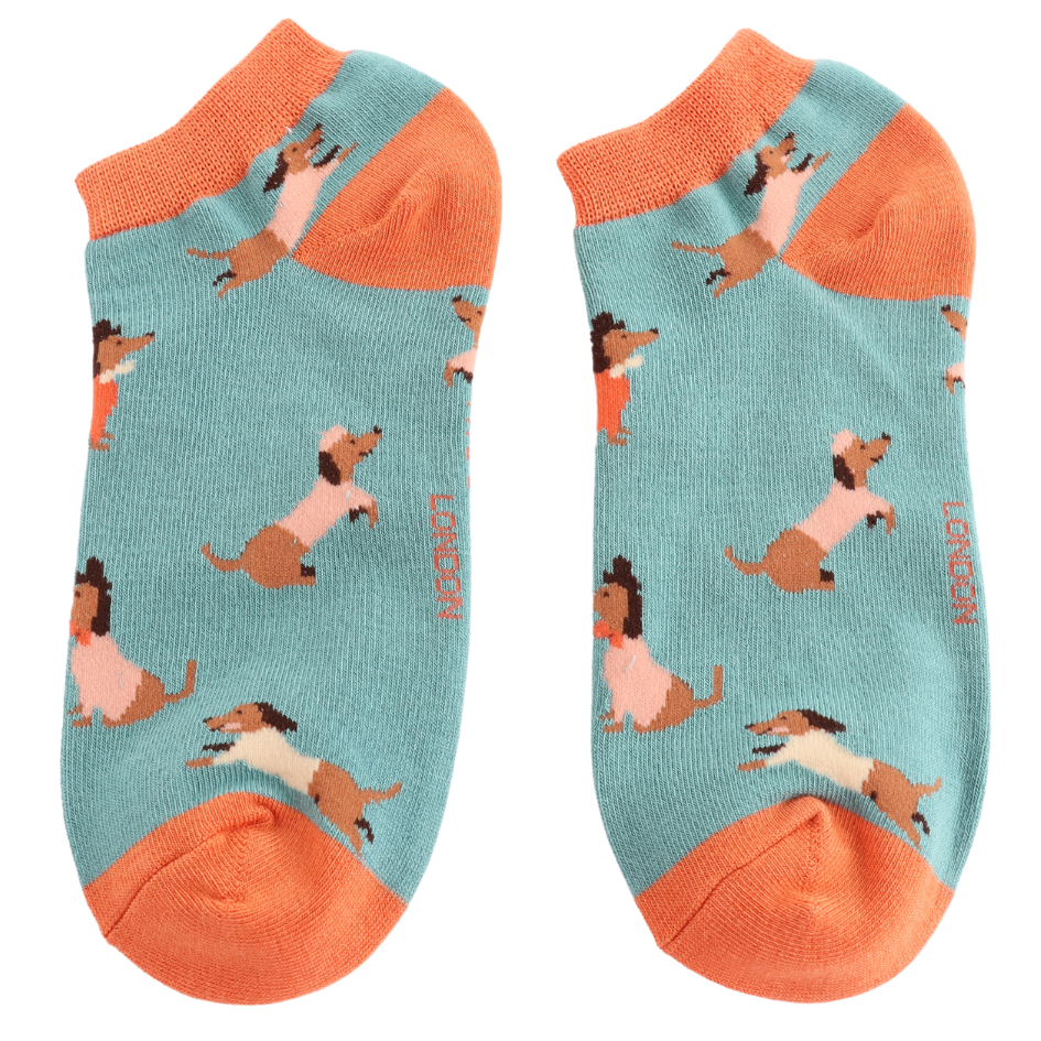 Ladies Bamboo Sausage Dog Pals Trainer Socks Duck Egg Blue