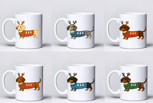 Smooth Haired Dachshund Christmas Mugs - Choice of Colours (Dispatch after 26th Nov)