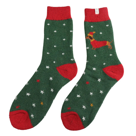 Mr Sparrow Wool Festive Sausage Dogs Socks – Dark Green