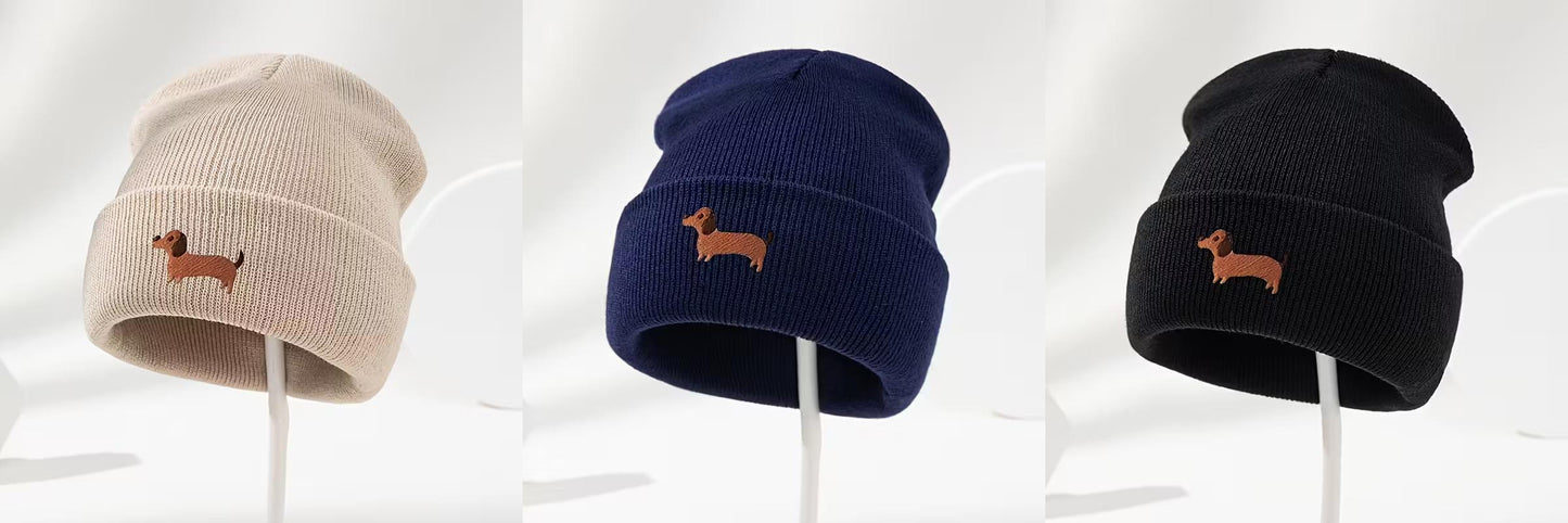 Dachshund Beanie Cap with Embroidery - Choice of Colours