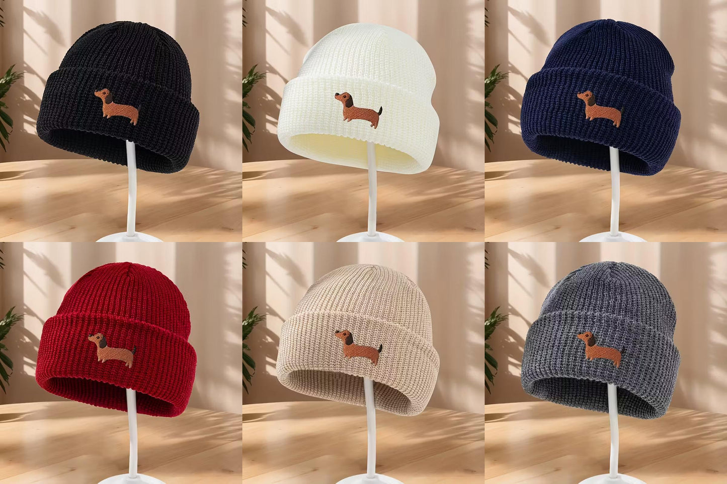 Embroidered Knitted Dachshund Beanie Hats - Choice of Colours