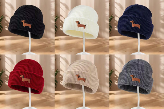 Embroidered Knitted Dachshund Beanie Hats - Choice of Colours