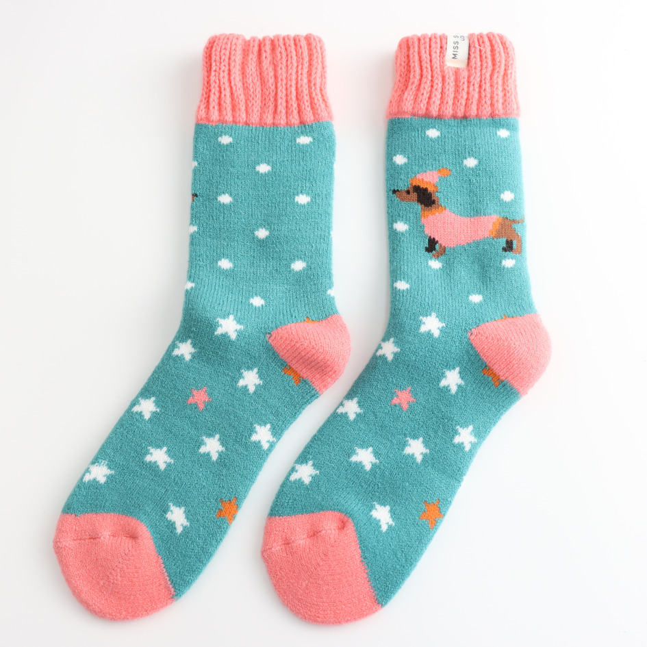 Ladies Thick Winter Festive Sausage Dogs Socks Duck Egg