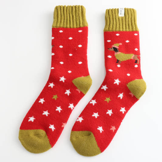 Ladies Thick Winter Festive Sausage Dogs Socks Red