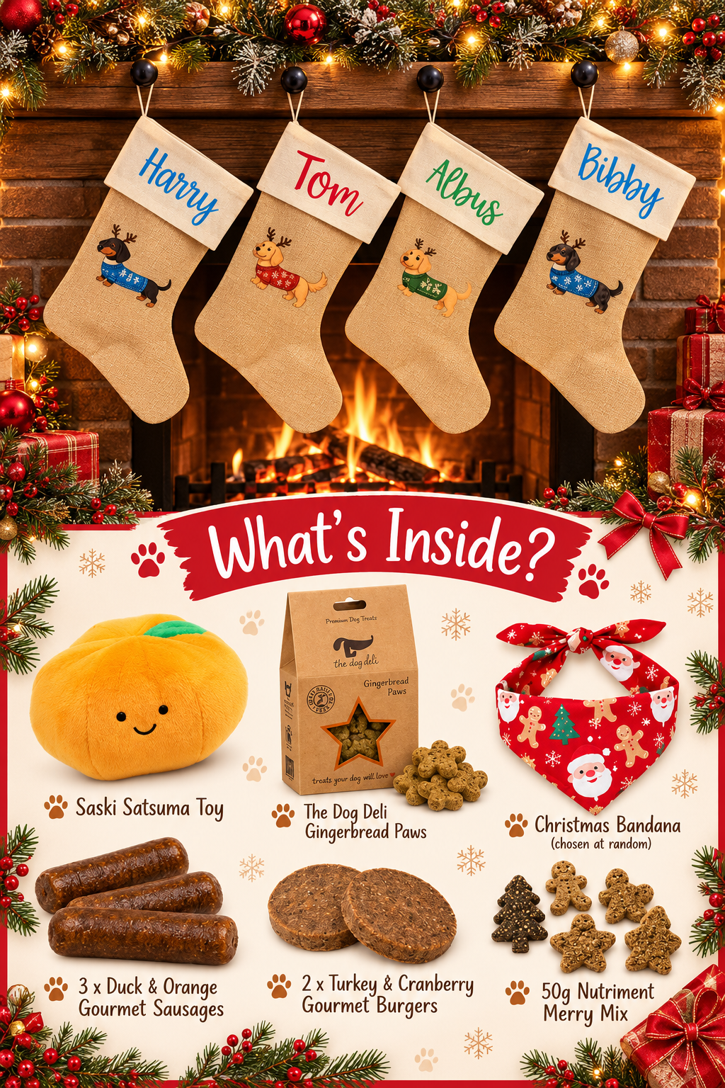 Pre Filled Personalised Sausage Dog Christmas Stocking - Choose from 21 Designs