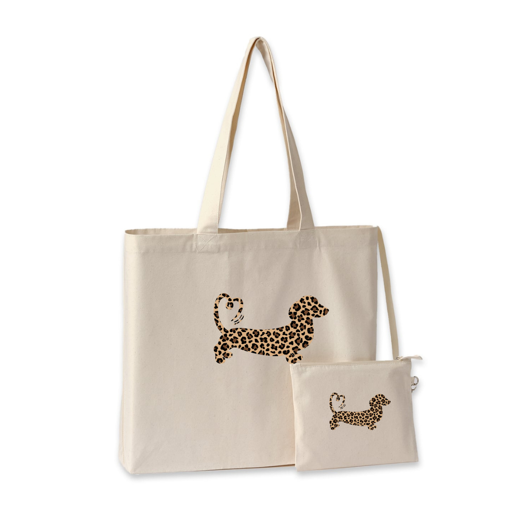 Leopard Print Dachshund Cruise Recycled Tote & Detachable Purse – Natural