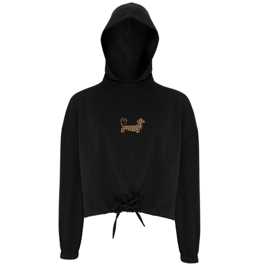Leopard Print Ladies Cropped Oversized Hoodie – Black