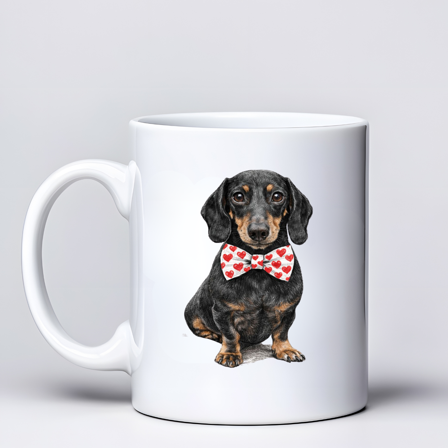 Dachshund Love Mugs - White & Red Bowtie Design - Choice of Coats