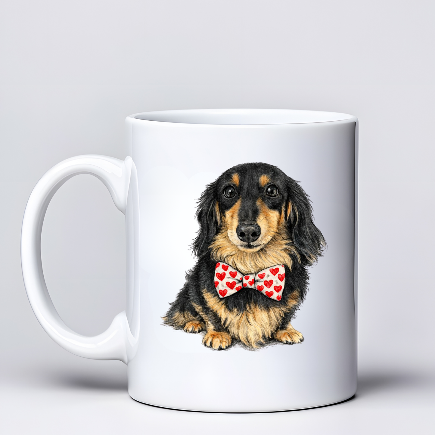 Dachshund Love Mugs - White & Red Bowtie Design - Choice of Coats