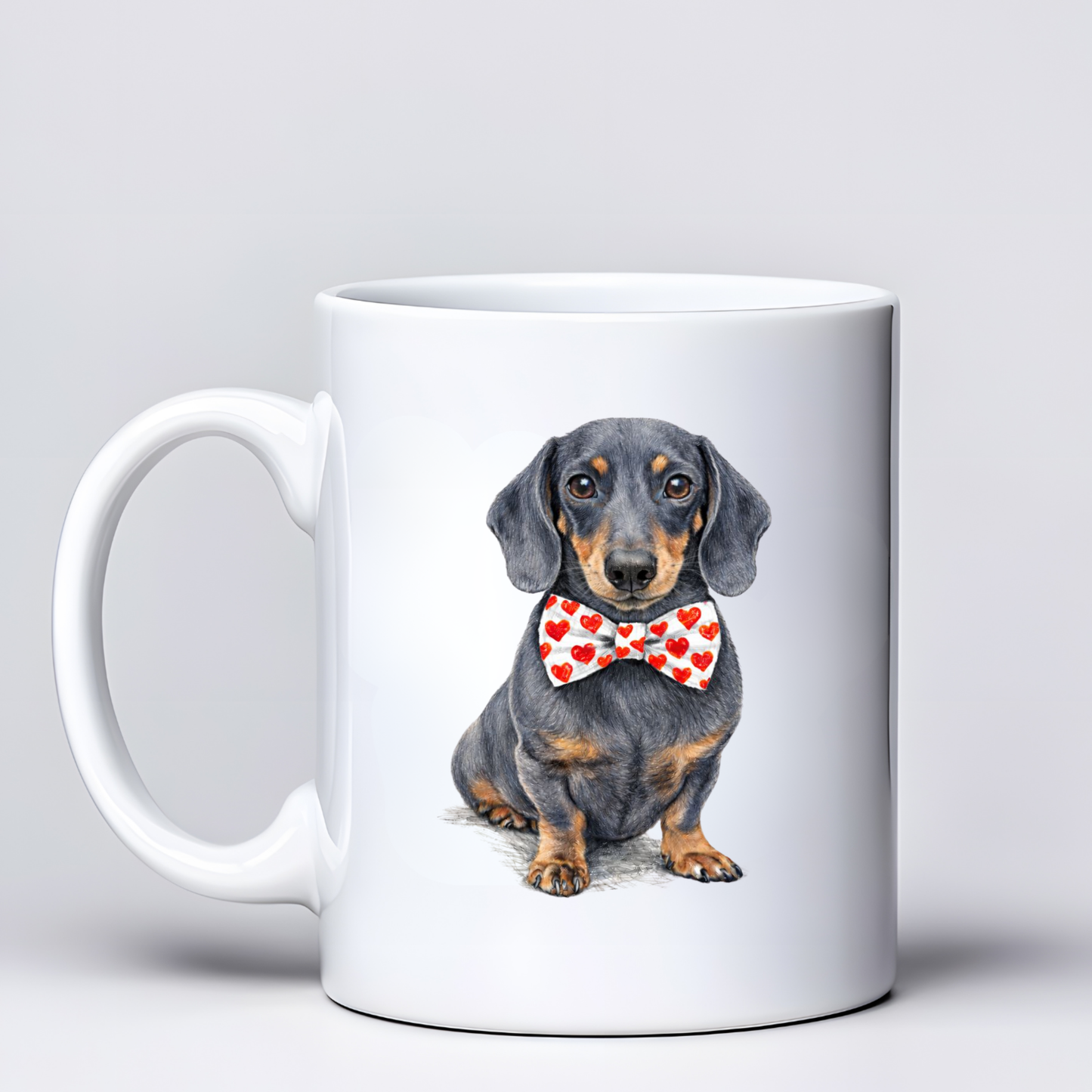 Dachshund Love Mugs - White & Red Bowtie Design - Choice of Coats