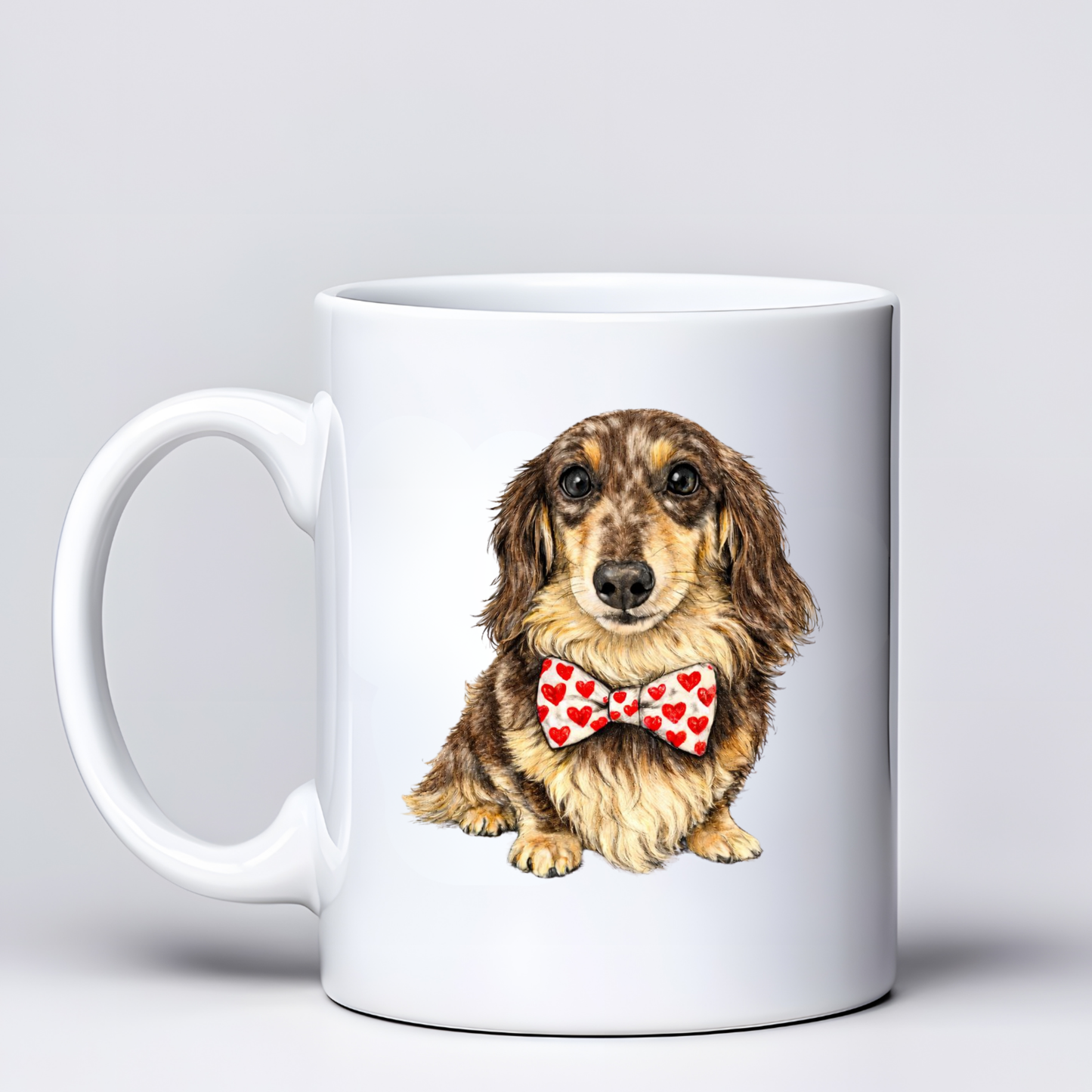 Dachshund Love Mugs - White & Red Bowtie Design - Choice of Coats
