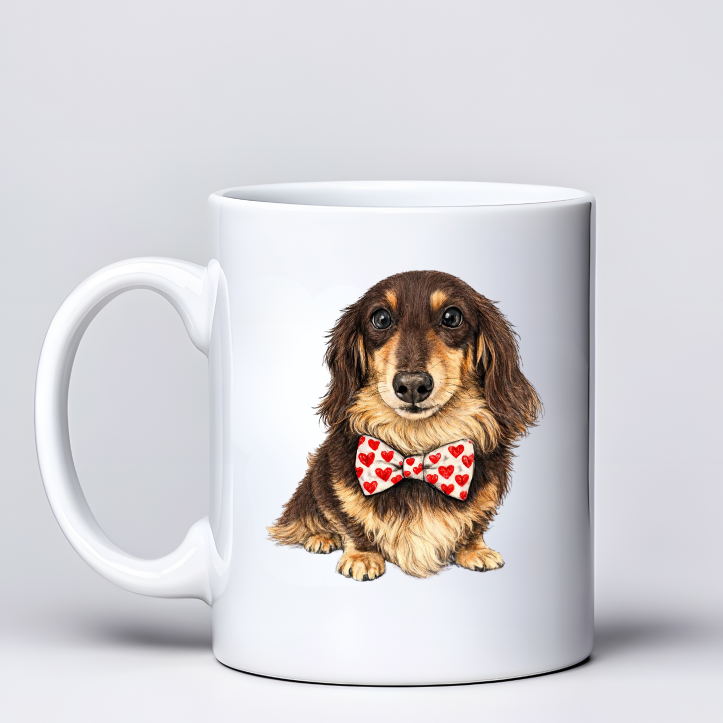 Dachshund Love Mugs - White & Red Bowtie Design - Choice of Coats