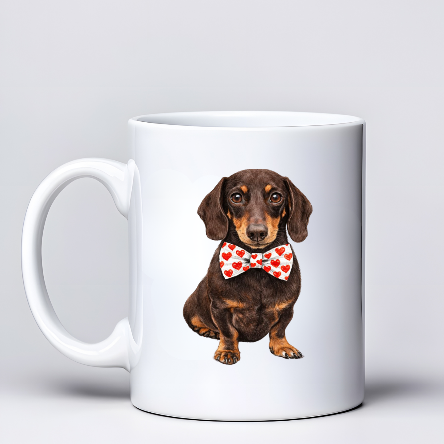 Dachshund Love Mugs - White & Red Bowtie Design - Choice of Coats