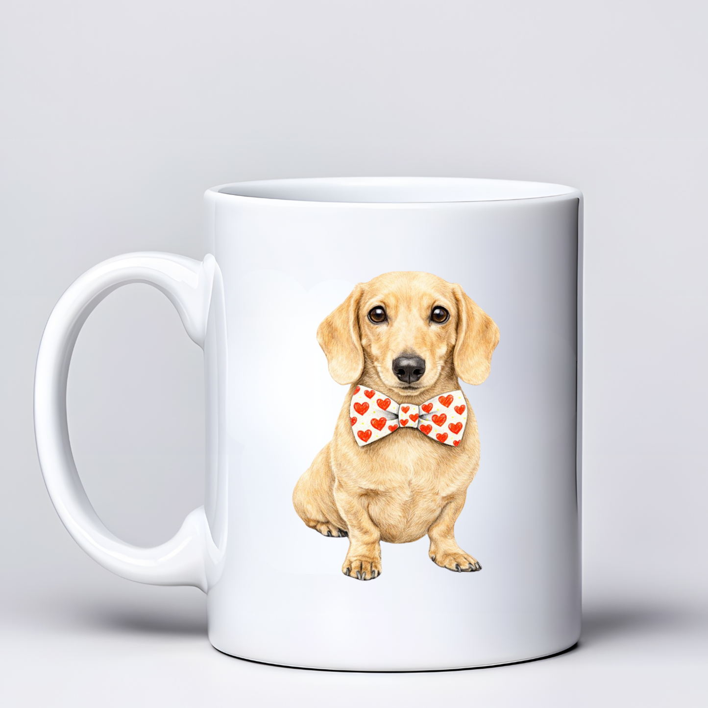 Dachshund Love Mugs - White & Red Bowtie Design - Choice of Coats