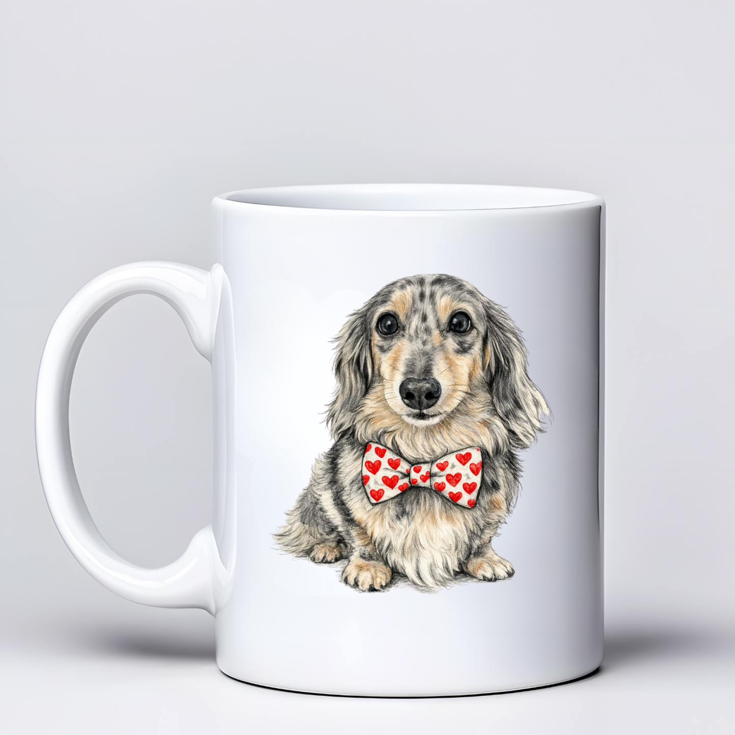 Dachshund Love Mugs - White & Red Bowtie Design - Choice of Coats