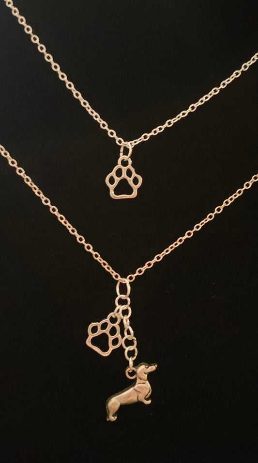 Sterling Silver Dachshund & Paw Print Double Charm Necklace image 0