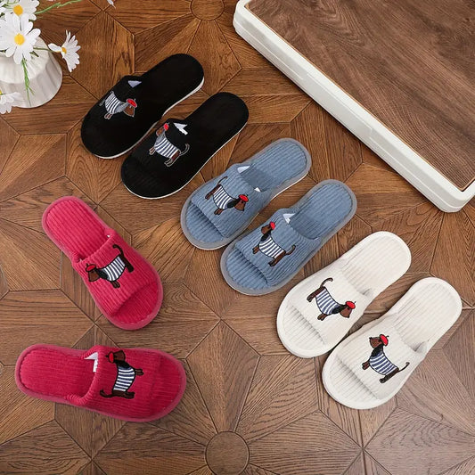 Cartoon Dachshund Plush Unisex Indoor Slippers - 4 Colours to Choose from