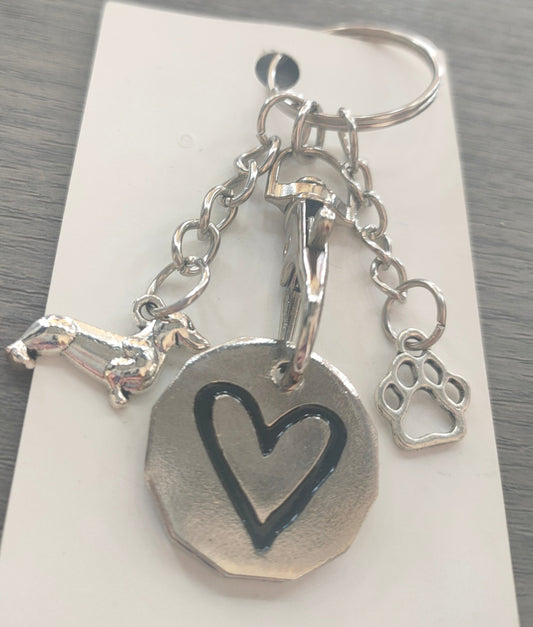 Silver Plated Dachshund, Paw Print & Trolley Token Keyring - Black Heart image 0